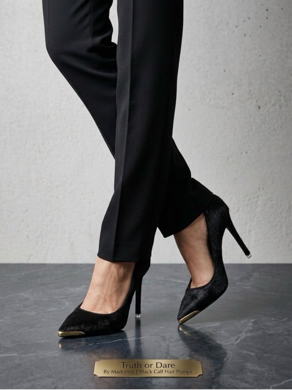 Truth or Dare by Madonna Gold Accented Black Calf Hair Pointed Toe Pumps-SZ 9.5